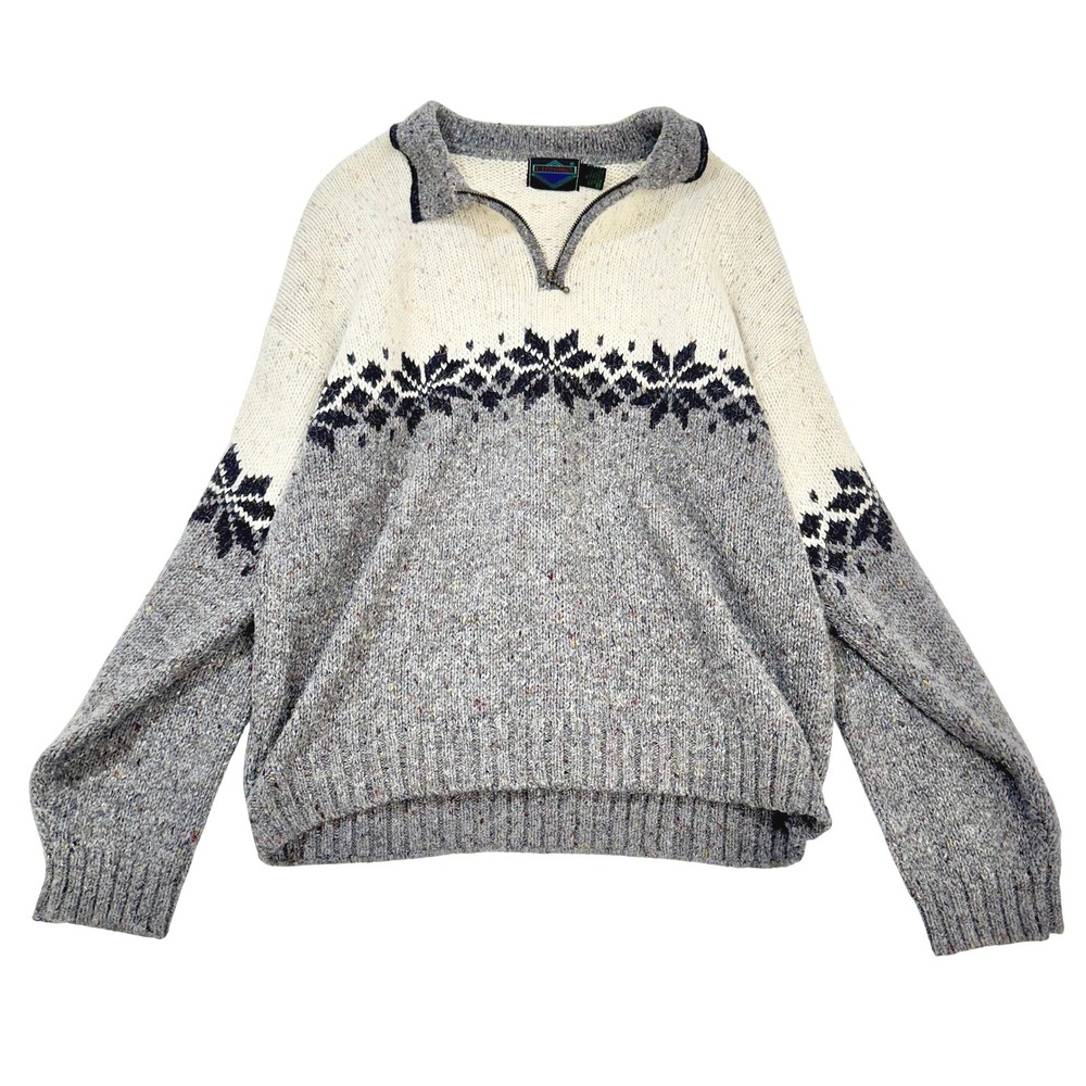 VTG‎ Etchings XL Quarter Zip Wool Snowflake Nordic Fair Isle Sweater Speckled